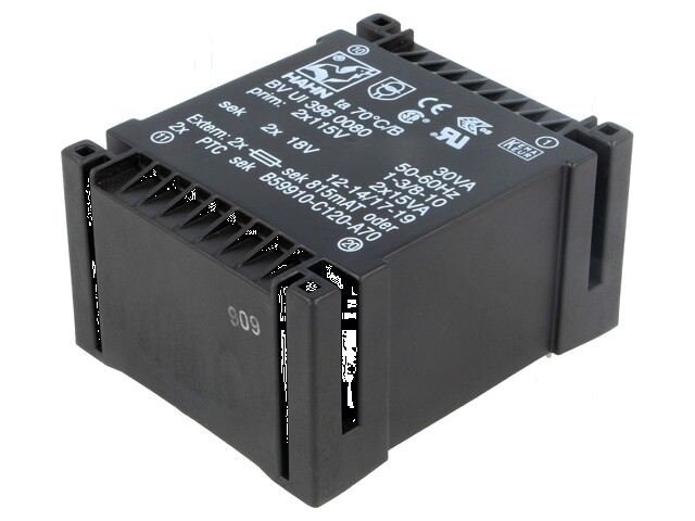 Transformator: ingegoten; 30VA; 115VACx2; 18V; 18V; 833mA; 833mA Transformator: ingegoten; 30VA; 115VACx2; 18V; 18V; 833mA; 833mA